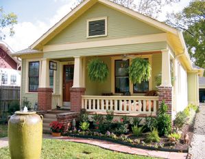 :) bungalow: 1 story, wide veranda, off-set front door Driveway Fountain, Bungalow Curb Appeal, Bungalow Landscaping, 1920 Bungalow, Craftsman Bungalow Exterior, American Bungalow, Craftsman Houses, 1920s Bungalow, Lots Of Plants