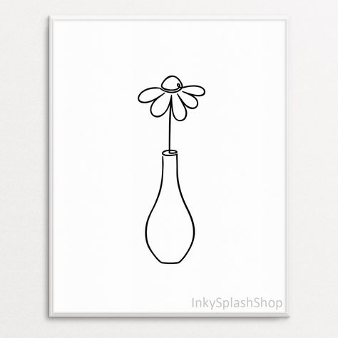 Daisy Line art PRINTABLE Flower vase simple drawing Minimalist floral print Scandinavian home wall decor Abstract Botanical poster Download Minimalist Floral Drawing, Vase Drawing Simple, Vase Line Drawing, Spring Doodles, Jar Tattoo, Flower Sketch Pencil, Flower Vase Drawing, Vase Drawing, Easy Pictures To Draw