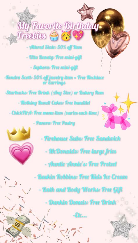 This is my opinion, but here are some of the best things you can get for free on your birthday or during your birthday month! Enjoy! 🧁🥳💖 Places To Eat On Your Birthday, Free Things You Can Get On Your Birthday Stores, Places To Go For Free Things On Your Birthday, What Can I Get For Free On My Birthday, Places You Get Free Things On Your Birthday, Aesthetic Things To Do On Your Birthday, Where Can I Get Free Stuff On My Birthday, Birthday Month Freebies, What Can You Get Free On Your Birthday