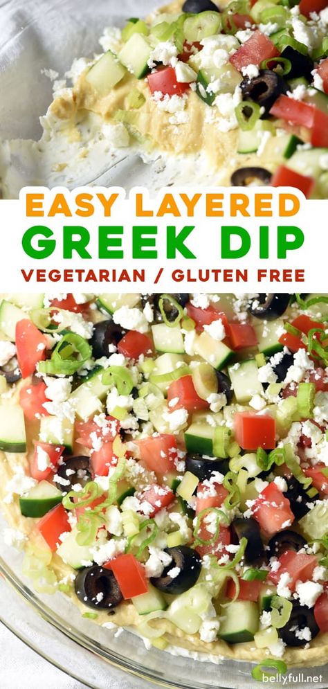 Layered Greek Dip, Greek Layer Dip, Cheap Appetizers, Gluten Free Dips, Healthy Dip Recipes, Appetizers Easy Dips, Greek Dip, Healthy Afternoon Snacks, Easy Dips