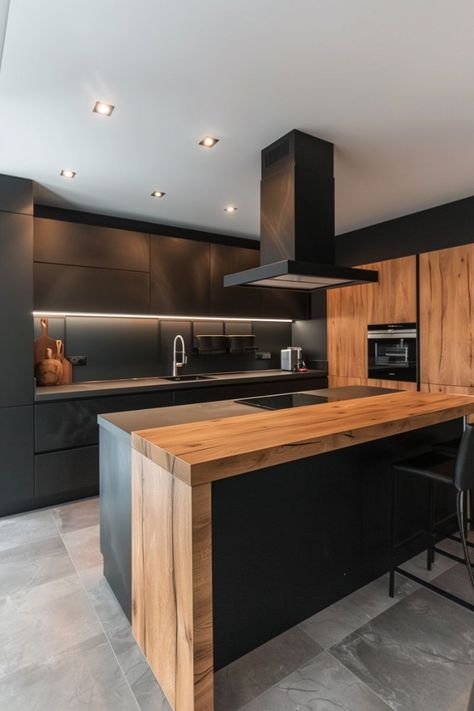 Black And Wood Kitchen, Barndo Kitchen, Kitchen Cabinets Drawing, Modern Minimalist Kitchen, Latest Kitchen Designs, Room Looks, Interior Design Kitchen Small, Sleek Kitchen, Kitchen Design Modern Small