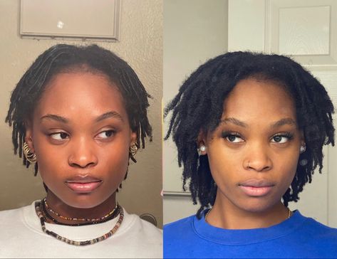 1 year locs. 1st pic is 1 month in , 2nd pic is 1 year in.. 2 Month Locs Journey, 2 Month Starter Locs, 3 Month Loc Journey, 1 Year Locs Journey, 1 Year Locs, Loc Aesthetic, Loc Ideas, Loc Hairstyles, One Month Old