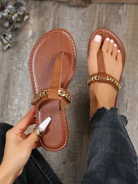 Simple Sandals Flat, Women Flat Sandals, Soft Sandals, Pretty Sandals, Nike Shoes Girls, Modern Sandals, T Strap Flats, Chain Decor, Trendy Sandals