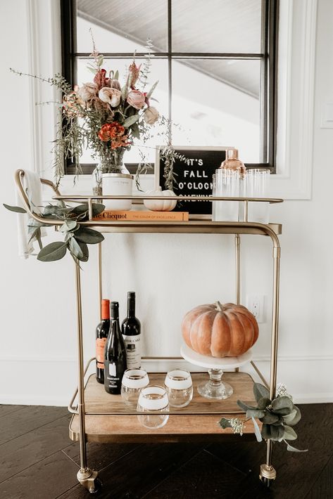 Booze Cart, Thanksgiving Bar Cart, Fall Bar Cart, Bart Cart, Hangout Room Ideas, Bar Cart Inspiration, Christmas Bar Cart, Holiday Bar Cart, My Bar