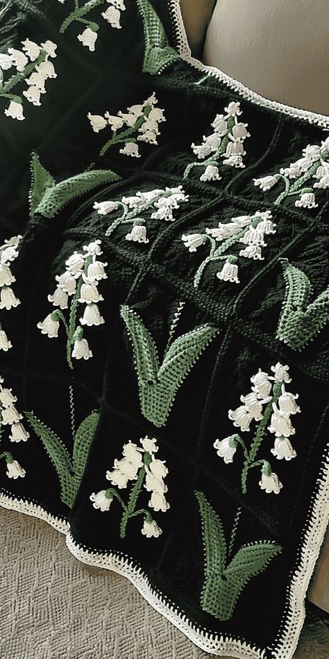 Intermediate Lily of the Valley Pattern Lily Of The Valley Granny Square, Detailed Crochet Blanket, Crochet Inspo Decor, Plant Pillow Crochet, Crochet Patterns Intermediate, Art Nouveau Crochet, Crochet Plants Pattern, Plant Crochet Blanket, Crochet Flower Projects