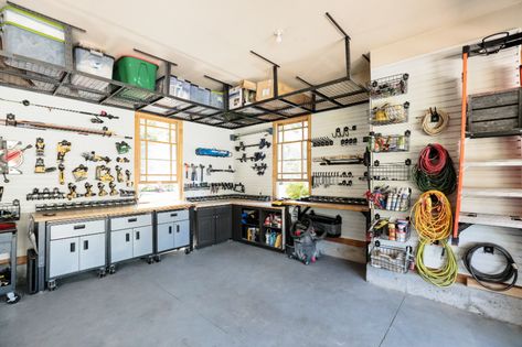 Our Smart Garage! - Chris Loves Julia Garage Makeover Ideas, Garage Wall Shelving, Garage Storage Inspiration, Garage Workbench, Garage Organization Tips, Storage Inspiration, Garage Organize, Chris Loves Julia, Workbench Plans