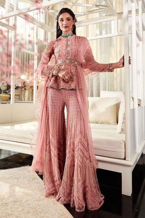 Net Garara, Peplum Gharara, Onion Pink, Ridhi Mehra, Embellished Belt, Embroidered Crop Tops, Embroidered Belt, Ethnic Outfits, Sharara Set