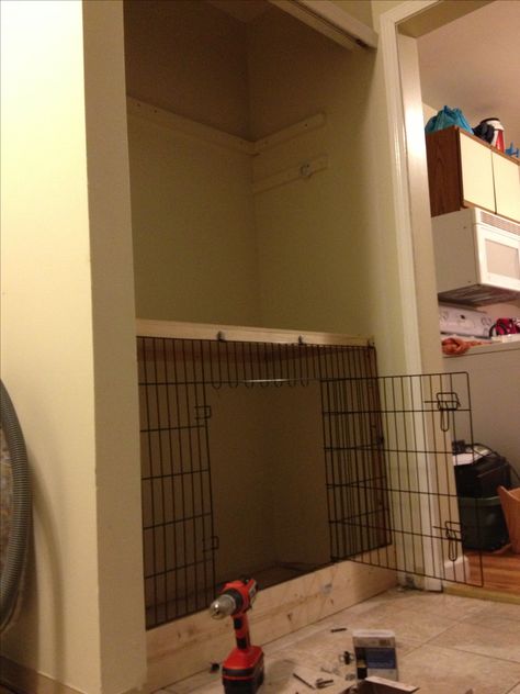 Home made dog crate in closet! This could work too, if I have a pantry Portable Dog Kennels, Dog Closet, Crate Bench, Diy Chat, Dog Bedroom, Diy Dog Crate, Diy Dog Kennel, Dog Spaces, Dog Crates