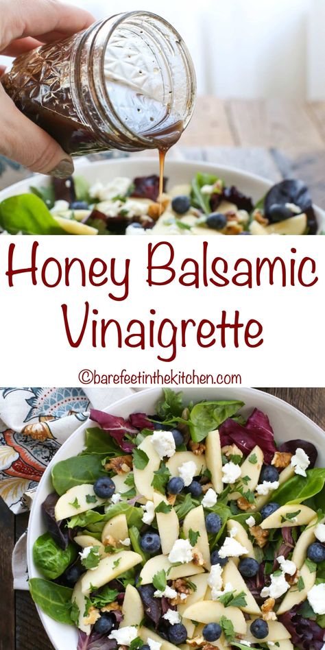 Honey Balsamic Vinaigrette Sweet Salad Dressings, Honey Balsamic Dressing, Honey Balsamic Vinaigrette, Balsamic Vinaigrette Recipe, Apple Walnut Salad, Apple Walnut, Honey Balsamic, Salad Dressing Recipes Homemade, Spinach Strawberry Salad