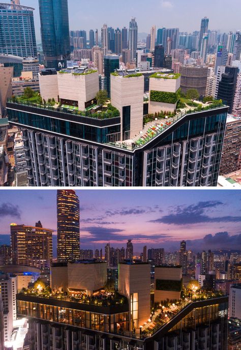 Hidden high above the busy streets of Mongkok, Hong Kong, is the recently completed Skypark, a rooftop residential clubhouse designed by architectural firm concrete. Rooftop Park Design, Rooftop Architecture Design, Roof Top Architecture, Rooftop Design Architecture, Rooftop Patio Ideas, Rooftop Building, Rooftop Architecture, Ramps Architecture, Clubhouse Design