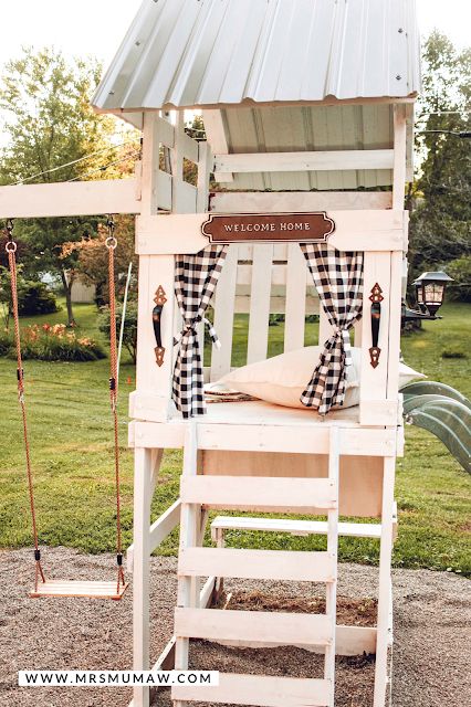 Swing Set Makeover | How to Paint Swing Set | . Diy Playset Makeover, Backyard Playset Makeover, Outdoor Play Set Makeover, Playstructure Update, Diy Play Set Outdoor, Wooden Playground Makeover, Swingset Accessory Ideas, Swingset Remodel, Under Playset Ideas