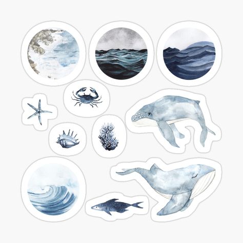 Sea Aesthetic Sticker, Blue Theme Stickers Printable, Elemental Blue Aesthetic, Sea Stickers Aesthetic, Watercolor Stickers Printable, Ocean Aesthetic Stickers, Ocean Themed Stickers, Blue Stuff Aesthetic, Ocean Stickers Printable