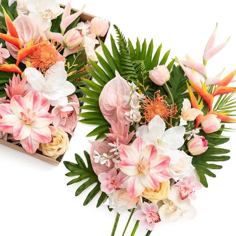 PRICES MAY VARY. 【Tropical Citrus & Pink】Color inspired by the Beach Tropical, pink with tropical citrus base Make the outdoor wedding theme come alive. 【Material & Package】The artificial flower combo set is made of high-quality silk and foam, including 20 pcs Artificial flowers+ 8 pcs Greenery. 【Multi Usages】Ideal choice for wedding such as bridal bouquets, flower sign decor, flower arrangements, centerpieces, etc, which are also widely used in home, graduation party, baby shower, etc. 【Easy to Hawaiian Baby Shower Theme, Tropical Glam Decor, Outdoor Wedding Theme, Hawaiian Baby Shower, Wedding Themes Outdoor, Pink Flower Arrangements, Tropical Wedding Theme, Tropical Glam, Silk Orchids