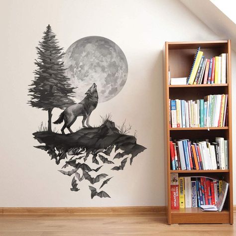 PRICES MAY VARY. Elements included wolf, moon, tree, bat. Cool wolf theme wall décor for your room. Material: Vinyl.Non-toxic, environmental protection, waterproof. Easy to apply, remove and reuse without leaving damage or residue. Very easy to assemble and great focal point in your bedroom, office, kids room, baby girls and boys room. It can be stuck to walls, furniture, tiles, mirrors and windows, any flat surface. Do not stick to any powder coated wall, irregular surface, oil and dust surface Wolf Room, Wolf Decor, Black Wall Decor, Baby Room Themes, Wolf Wallpaper, Moon Wall Art, Deco Stickers, Wall Tattoo, Wall Stickers Living Room