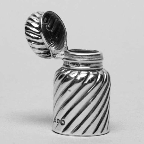 For Sale on 1stDibs - Handsome small sterling silver travel bottle in traditional twisted swirl pattern. Hallmarked: Birmingham, 1891. Can be used as a pill container. Smooth Palette Aesthetic, Mechanic Engineering, Pill Container, A Pill, Fragrance Bottle, Pill Bottles, Travel Bottles, Swirl Pattern, Sacred Space