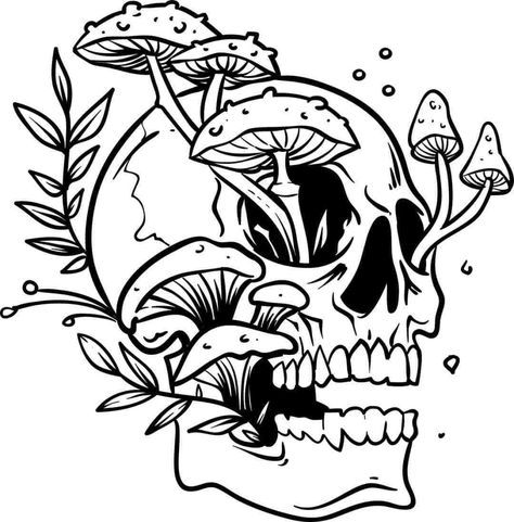 Mushroom Tattoo Stencil, Mushroom Skull Tattoo, Skull Mushroom Tattoo, Hermit Tattoo, Mushroom Skull, Tats Ideas, Mushroom Svg, Crystal Drawing, Creepy Drawings