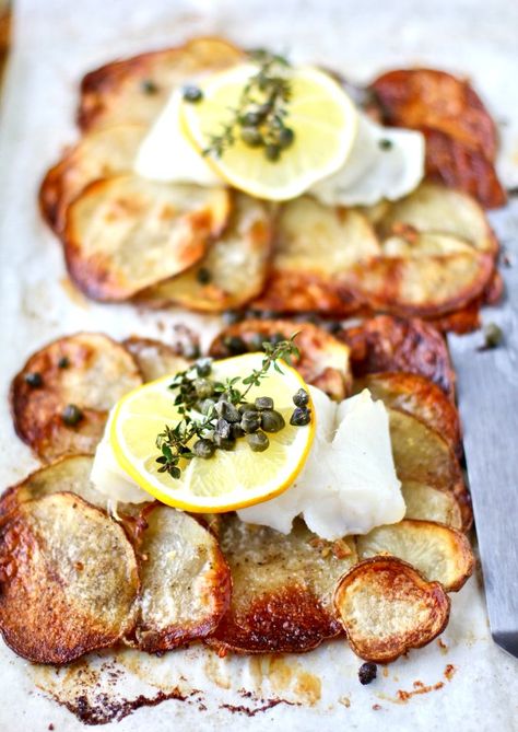 Sheet Pan Cod on Crispy Garlicky Potato Rafts topped with lemon Baked Cod And Potatoes, Baked Fish And Potatoes Recipes, Cod And Potatoes Recipes, Stuffed Cod, Cod Potatoes, Sheet Pan Cod, Cod With Potatoes, Cod Dishes, Kitchen Goals