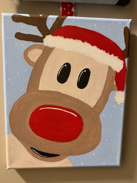 Easy Things To Paint Christmas, Painting Ideas Christmas Canvas, Rudolph Painting Canvas, Easy Small Christmas Painting, Christmas Themed Canvas Paintings, Easy Christmas Canvas Art, Merry Christmas Painting On Canvas, Simple Painting Ideas Christmas, Christmas On Canvas Ideas