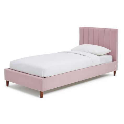 Buy Habitat Pandora Single Bed Frame - Blush Pink | Bed frames | Argos Pink Single Bedding, Single Velvet Bed, Blush Pink Bed, Pink Bed Frame, Adult Pink Bedroom, Single Bed Headboard, Girls Single Bed, Pink Bedroom Accessories, Bed For Girls Room