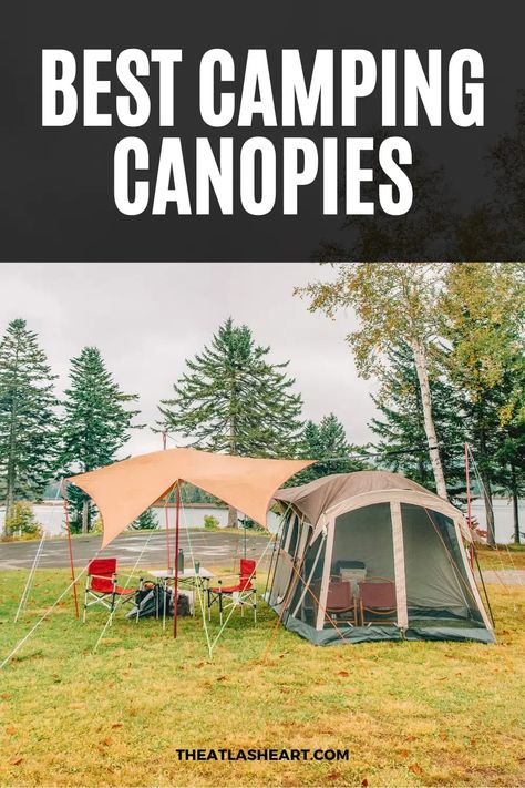 Our picks for the best camping canopies! If you want to make sure your next outdoor camping trip doesn't get ruined by the weather, you need a camping canopy. Camping canopies provide protection from rain, wind, and sun. And there's a camping canopy for every budget and style of camper out there. Click through to find the perfect camping shelter for you! #campingcanopy #canopytent #campingtarp #camping #campinggear Canopy Over Tent Camping, Camping Canopy Ideas, Camping Awning Ideas, Camping Shade Ideas, Camping Shelter Ideas, Homemade Canopy, Camper Inspiration, Awning Ideas, Canopy Camping