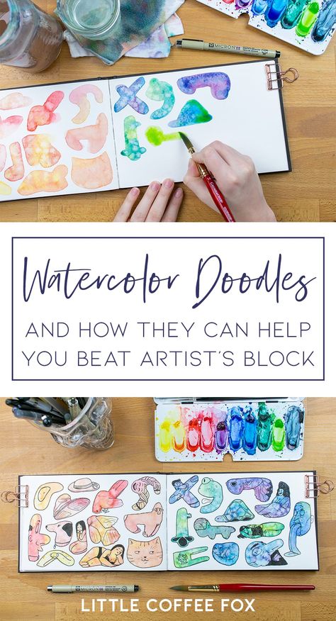 Mindful Art Watercolor, Doodle On Watercolor, Watercolour Doodles Simple, Doodles On Watercolor, Simple Watercolor Designs, Doodles And Watercolor, Creative Block Overcoming, Sharpie Watercolor Art, Watercolor Prompts For Beginners