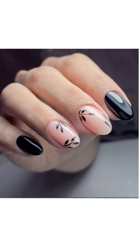 Elevate your style with the luxurious combination of black and gold nail designs! 🖤💰 #BlackGold #LuxuryNails #NailArt Round Nails Black Design, Matte Black Floral Nails, Classic Black Nails Ideas, Black Nails Pink Flowers, Dark Nails With Design, Black And Gold Short Nails, Matte Black And Gold Nails, Nude And Black Nail Designs, Black White Gold Nails