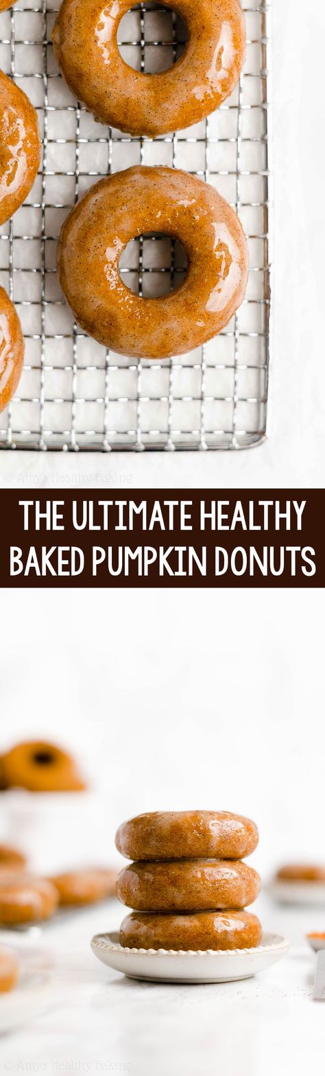 The BEST EVER Healthy Pumpkin Donuts Recipe! They’re 36 calories & baked, not fried! SO good & easy to make too! ♡ easy baked pumpkin donuts. best homemade pumpkin donuts. low calorie gluten free pumpkin donuts with vegan option. no sugar vanilla bean glaze. Pumpkin Donuts Baked, Easy Pumpkin Spice Muffins, Pumpkin Donuts Recipe, Pumpkin Doughnut, Cinnamon Glaze, Pumpkin Spice Donut, Pumpkin Spice Muffins, Donuts Recipe, Baked Donuts