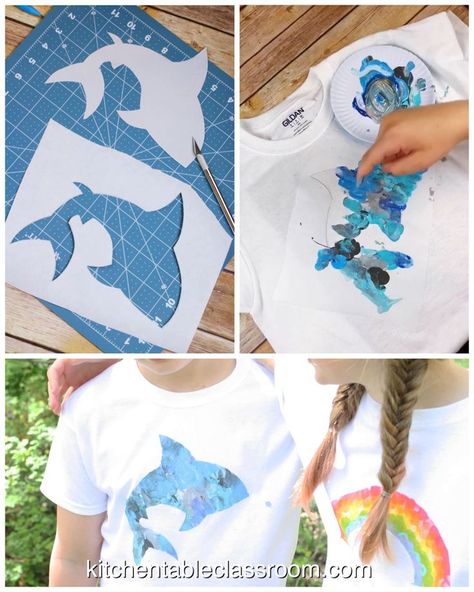 Make a DIY stencil out of freezer paper.  So simple and easy to customize.  Comes with six free silhouette printables.  #kidscrafts #craftsforkids #stencilart Stencil Table, Gamle T Shirts, Silhouette Printables, Classroom Diy, Kitchen Painting, Diy Stencil, Summer Camp Activities, Tshirt Painting, Diy T Shirt