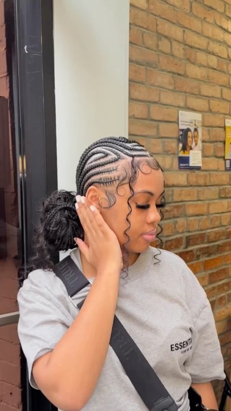 Braids For Black Women Scalp, Bkack Girl Hair Style Braids, Braids To The Scalp With Weave, Feed In Braids Hairstyles With Designs, Freestyle Boho Stitch Braids, Blaxk Girl Hairstyles Braids, New Hairstyles 2024, Stitch Braids Into Bun With Design, Hairsyles Black Girls Braids