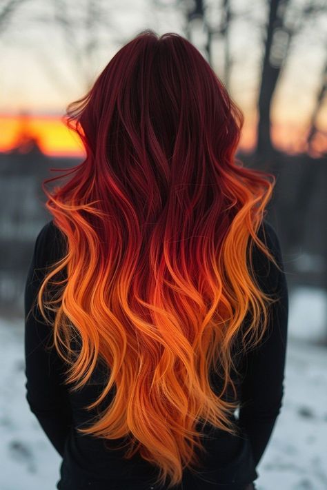 Ombre Hair Color Orange, Orange Ombré Hair, Gemini Hair Color, Red To Orange Ombre Hair, Red And Orange Hair, Fire Ombre Hair, Fire Hair Color, Orange Ombre Hair, Cheveux Oranges