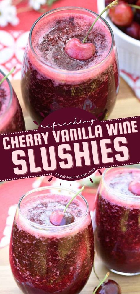 Cherry Vanilla Wine Slushies, summer cocktails, alcoholic drinks Wine Slushie Recipe, Wine Slushies, Fruity Wine, Wine Slushie, Slushie Recipe, Cherry Vanilla, Jello Shot, Yummy Alcoholic Drinks, Refreshing Food