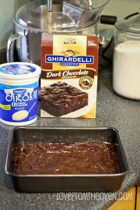 I am making these right now but added a bit of peanut butter and chocolate chips. Hope it's yummy! Bake With Greek Yogurt, Yogurt And Cake Mix Recipes, Dessert Recipes Using Greek Yogurt, Brownie Mix With Greek Yogurt, Chef Allie's Kitchen Recipes, Plain Greek Yogurt Recipes Dessert, Brownies With Greek Yogurt, Greek Yogurt Recipes Dinner, Desserts With Greek Yogurt