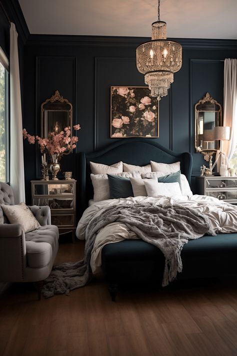 40+ Moody Romantic Bedroom Ideas To Unwind In Moody Blue Green Bedroom, Dark Girly Bedroom, Dark Beach Bedroom, Nest Bedroom Aesthetic, Dark Beach Decor, Dreamy Bedrooms Romantic, Small Luxury Bedroom, Moody Blue Bedroom, Moody Bedroom Aesthetic