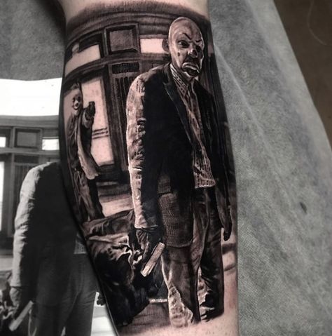 The Dark Knight Tattoo, Dark Knight Tattoo, Knight Tattoos, Black And Grey Portrait, The Dark Knight Batman, Dark Knight Joker, Knight Tattoo, Joker Tattoo, Leg Sleeve