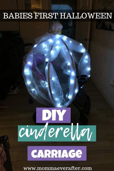 DIY Cinderella Carriage - perfect for Halloween! - Momma Ever After Wagon Into Cinderella Carriage, Stroller Cinderella Carriage, How To Make A Cinderella Carriage, Cinderella Wagon Carriage Diy, Cinderella Carriage Wagon, Princess Carriage Diy, Cinderella Carriage Diy, Cinderella Trunk Or Treat, Stroller Accessories Diy