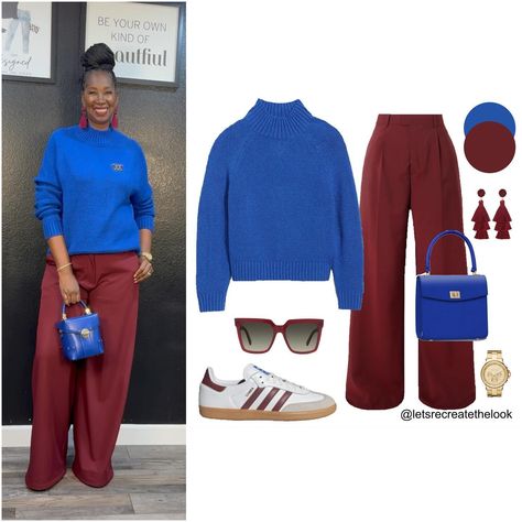 Burgundy Trousers - 10 Outfit Ideas 🐙 Here are 10 more colors that pair well with burgundy! Which is your favorite? As fall approaches it’s time to break out our sweaters. Instead of just pairing them with jeans, here’s a reminder that wide leg trousers are a more elevated option but just as comfortable! So for an elevated casual look, try pairing your sweaters with your trousers! You can still wear your sneakers with them! 😉 So save this post for style inspiration and look in your closet to... Burgundy Sneakers Outfit, Burgundy Pants Outfit, Blue Pants Outfit, Burgundy Trousers, Curvy Casual Outfits, Wide Leg Pants Outfit, Pants Outfit Fall, Sneaker Outfits Women, Burgundy Outfit