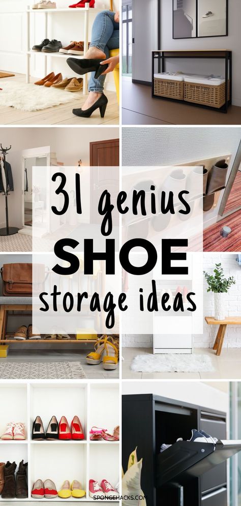 Shoe Storage No Closet, Built In Wall Shoe Storage, Coat And Shoe Closet Entryway, Organizing Shoes In Small Closet Storage, Functional Shoe Storage, Creative Shoe Storage Closet, Shoe Storage Recycled, Unconventional Shoe Storage, Shoe Storage Ideas Mud Room