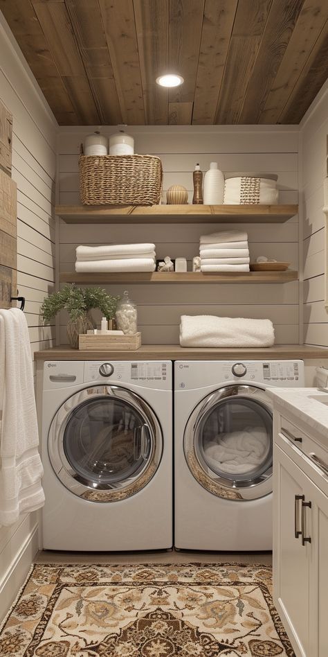 Cute Laundry Rooms Ideas, Laundry Side By Side, Zen Laundry Room, Small House Makeover Interior, Small First House Ideas, Powder Room And Laundry Combo, Small Laundry Design, Top Load Laundry Room Ideas, Small Laundry Room Ideas With Sink