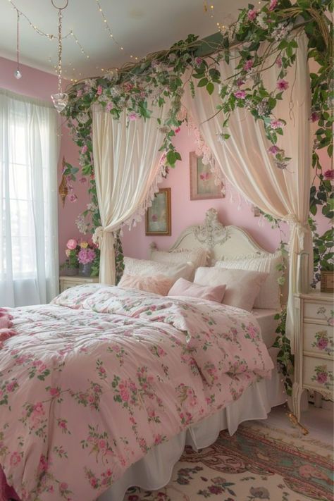 Bedroom Flower Aesthetic, Cute Bedroom Ideas Floral, Butterfly Inspired Bedroom, Fairy Room Decor Ideas, Floral Bed Frame, Fairy Princess Room Aesthetic, Rose Themed Room, Magical Room Ideas, 2024 Room Ideas