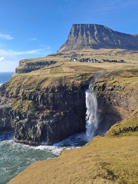 Faroe Islands - Waterfall - Múlafossur - Vagar - Hike - Travel - Aesthetic - Nature - Ocean - Cliff - Scandinavia - Iceland - Denmark - Spring Iceland Spring, Islands Aesthetic, Denmark Aesthetic, Faroe Islands Denmark, Ocean Cliff, Aesthetic Nature, Hiking Trip, Faroe Islands, Travel Aesthetic