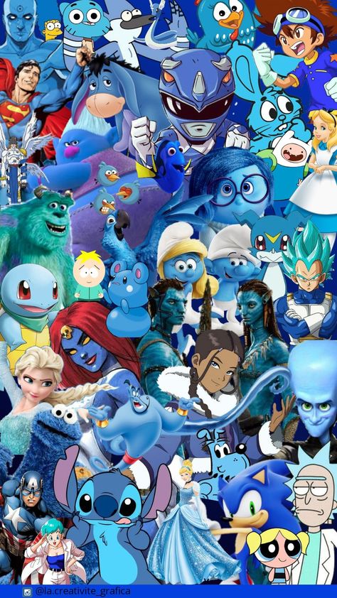 Blue Characters Disney, Blue Cartoon Characters Aesthetic, Blue Cartoon Wallpaper, Blue Characters Cartoon, Blue Cartoon Characters, Collage Character, Blue Disney Characters, Blue Cartoon Character, Blue Characters