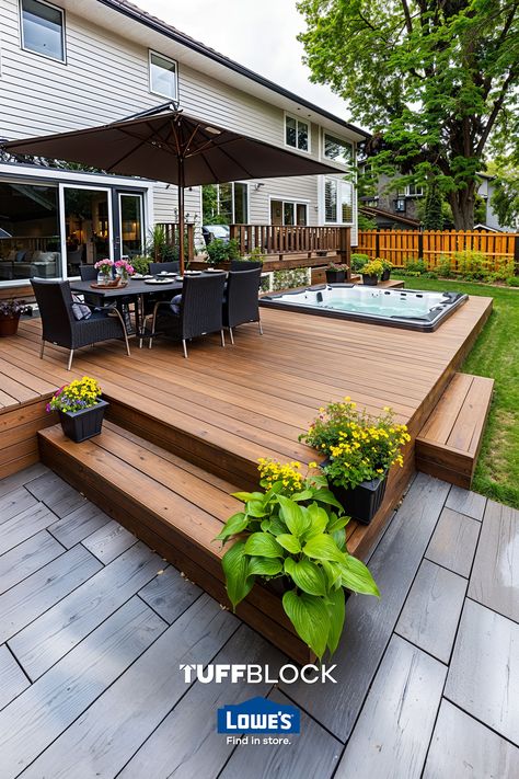 Learn how you can build a beautiful patio deck by following our step by step tutorial. Discover them in Lowe's today. Backyard Elevated Patio Designs, Low Profile Deck, Low Deck Designs, Elevated Patio, Patio Deck Ideas, Deck Blocks, Patio Decks, Build A Deck, Low Deck