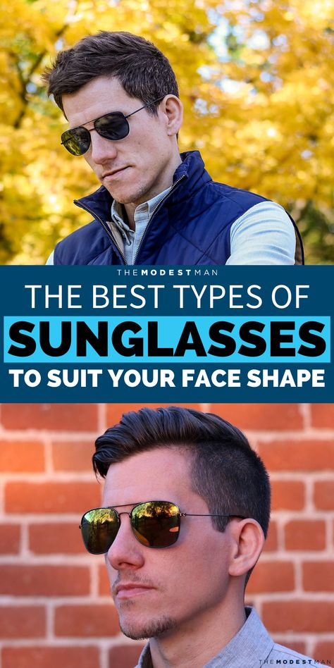 Looking for great fashion tips for men? Find out the best sunglasses for round faces and long faces, too. Easy style tips for wearing sunglasses. Mens Sunglasses Outfit, Sunglasses Oval Face, Square Face Sunglasses, How To Choose Sunglasses, Sunglasses For Round Face, Winter Skin Tone, Sunglasses For Your Face Shape, Round Face Men, Round Face Sunglasses