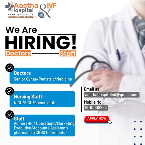 We are Hiring! for Doctors & staffs #Role title- #Doctors:- Senior Gynae/Pediatric/Medicine #Nursing Staff :- NICU/PICU/Chemo staff #Staff :- Admin /HR / Operations/Marketing Executive/Accounts Assistant/ pharmacist/CGHS Coordinator -- TO APPLY : drop your details on WhatsApp number 8010008282 !! #jobalert #job #urgentvacancy #jobvacancies2024 #remotework #typingwork #dailylearning #dataentryjobs #newbeginnings2024 #hiring #wearehiring #weneedyou #jobavailable #jobchange #jobadvertisement ... Pediatric Medicine, Marketing Executive, Job Advertisement, Data Entry Jobs, Changing Jobs, We Are Hiring, Whatsapp Number, Jobs Hiring, Pharmacist