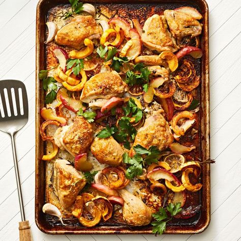 Sheet Pan Chicken with Apples and Delicata Squash Jamie Oliver Chicken, Kale Chicken Salad, Jaime Oliver, Chicken Fennel, Chicken Traybake, Chicken Jalfrezi, Struggle Meals, Chicken Tikka Masala Recipes, Chicken Kiev