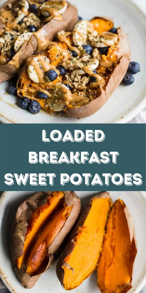 Loaded Breakfast Sweet Potatoes- sweet potatoes are perfect for breakfast! This recipe is easy to make and FULLY vegan. Also makes a great dessert recipe! Breakfast Sweet Potatoes, Sweet Potato Honey, Brekky Ideas, Breakfast Sweet Potato, Baked Breakfast, Stuffed Sweet Potatoes, Daniel Fast Recipes, Loaded Sweet Potato, Simply Quinoa