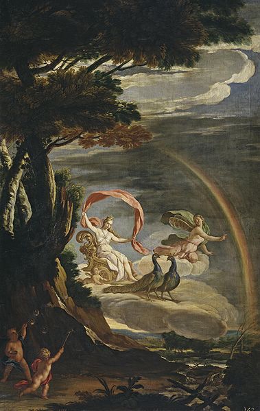 Iris was not only the goddess of the rainbow but was also depicted as the handmaiden of Hera. In Roman mythology she is depicted as Juno's personal messenger, while Mercury is Jupiter's personal messenger. This famous painting "Juno and Iris" by Antonio Palomino shows Iris and Juno together. Allegorical Paintings, Iris Goddess, Leeds Art Gallery, Goddess Aesthetic, Art Sacre, Web Gallery, Greek Mythology Art, Mythology Art, Greek Goddess