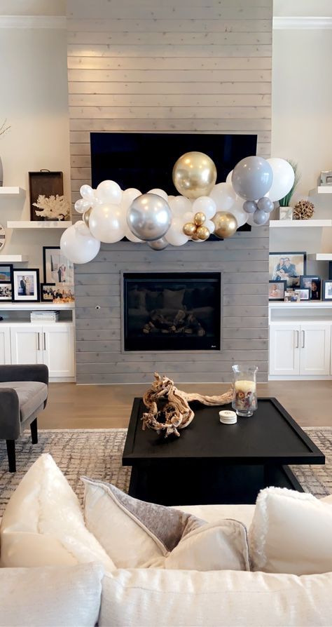 Living Room Balloon Garland, Balloon Arch Mantle, Balloon Arch On Mantle, Balloon Arch Fireplace Mantle, Balloon Garland On Fireplace Mantle, Balloons On Fireplace, Balloon Garland Fireplace Mantle, House Warming Balloon Garland, Balloon Garland On Mantle