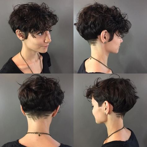 Curly Pixie with Shaved Nape #curlyshorthair Short Curly Pixie, Curly Pixie Haircuts, Androgynous Hair, Tousled Hair, Curly Pixie Cuts, Curly Pixie, Short Curly Haircuts, Haircuts For Curly Hair, Short Wavy Hair