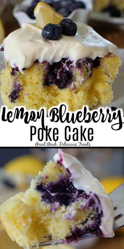 Lemon Blueberry Poke Cake is a delicious lemony cake with a fresh blueberry topping filling the poke holes then topped with lemon cream cheese frosting. #lemoncake #pokecake #blueberries #deliciousdessert #greatgrubdelicioustreats Lemon Blueberry Poke Cake, Blueberry Poke Cake, Mousse Au Chocolat Torte, Lemon Cream Cheese Frosting, Blueberry Cake Recipes, Lemon Bar, Lemon Cream Cheese, Blueberry Lemon Cake, Blueberry Desserts